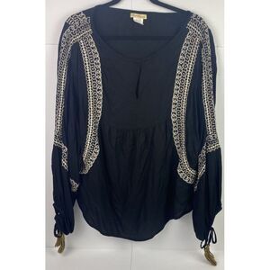 Sweet Magnolia Long‎ Sleeve Blouse Womens 2XL Black Beaded Embroidered Tassels